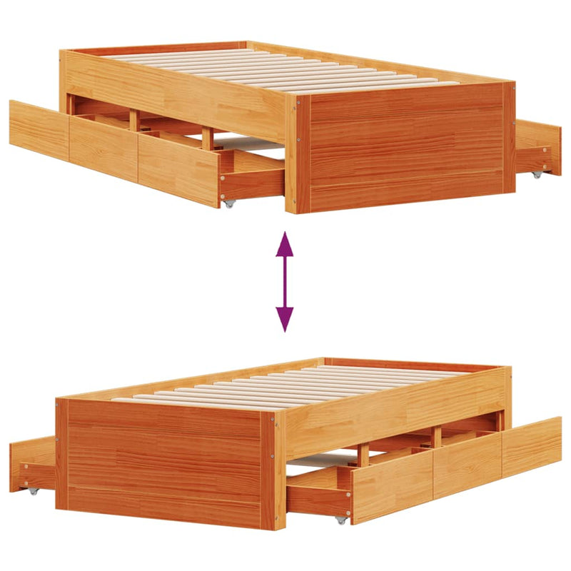 Massivholzbett ohne Matratze mit Schubladen Braun 75x190 cm