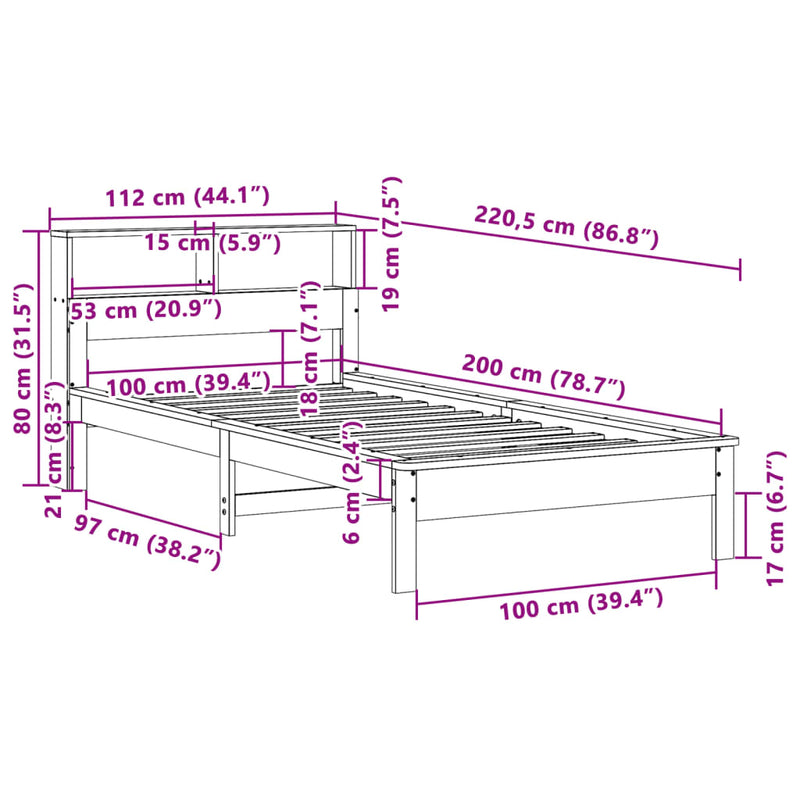 Massivholzbett mit Regal ohne Matratze Wachsbraun 100x200 cm