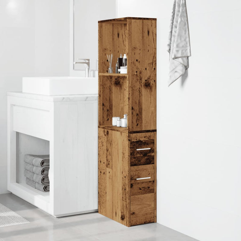 Badschrank Schmal mit Rollen Altholz-Optik Holzwerkstoff