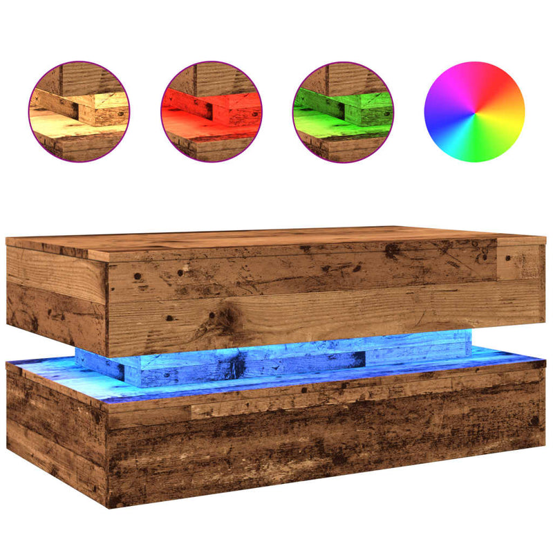 Couchtisch mit LED-Leuchten Altholz-Optik 90x50x40 cm