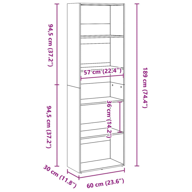 Bücherregal Weiß 60x30x189 cm Holzwerkstoff