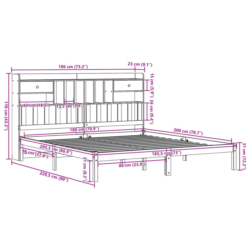 Massivholzbett mit Regal ohne Matratze Wachsbraun 180x200 cm