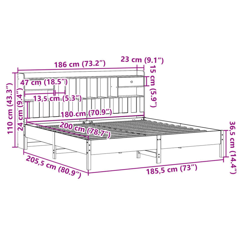 Massivholzbett mit Regal ohne Matratze Wachsbraun 180x200 cm