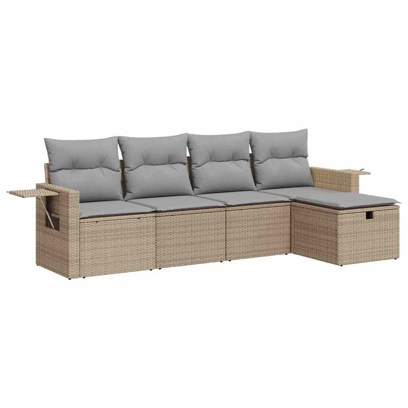 5-tlg. Garten-Sofagarnitur mit Kissen Beige Poly Rattan