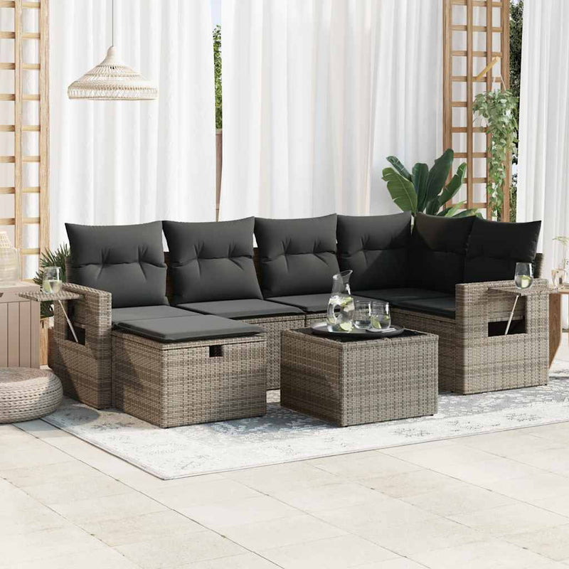 7-tlg. Garten-Sofagarnitur mit Kissen Grau Poly Rattan