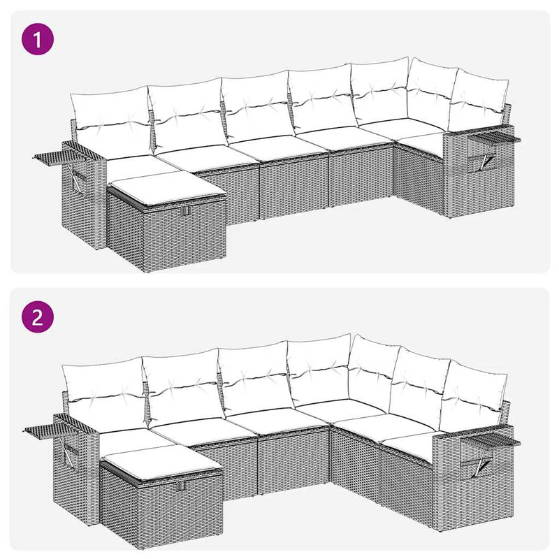 7-tlg. Garten-Sofagarnitur mit Kissen Grau Poly Rattan