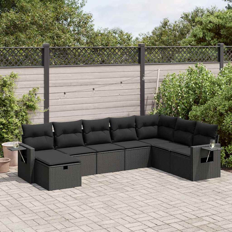 8-tlg. Garten-Sofagarnitur mit Kissen Schwarz Poly Rattan