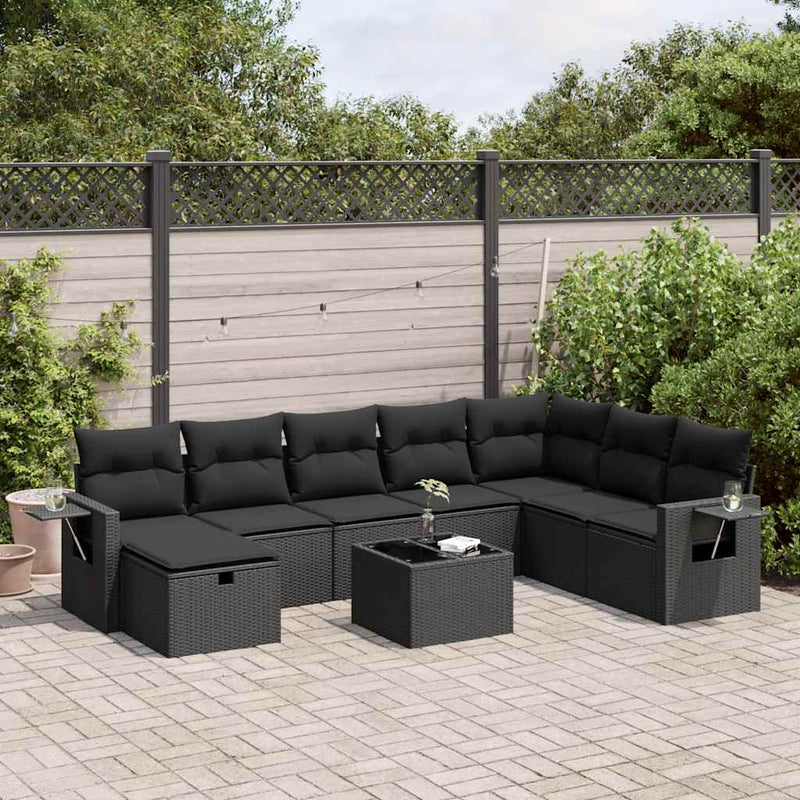 9-tlg. Garten-Sofagarnitur mit Kissen Schwarz Poly Rattan