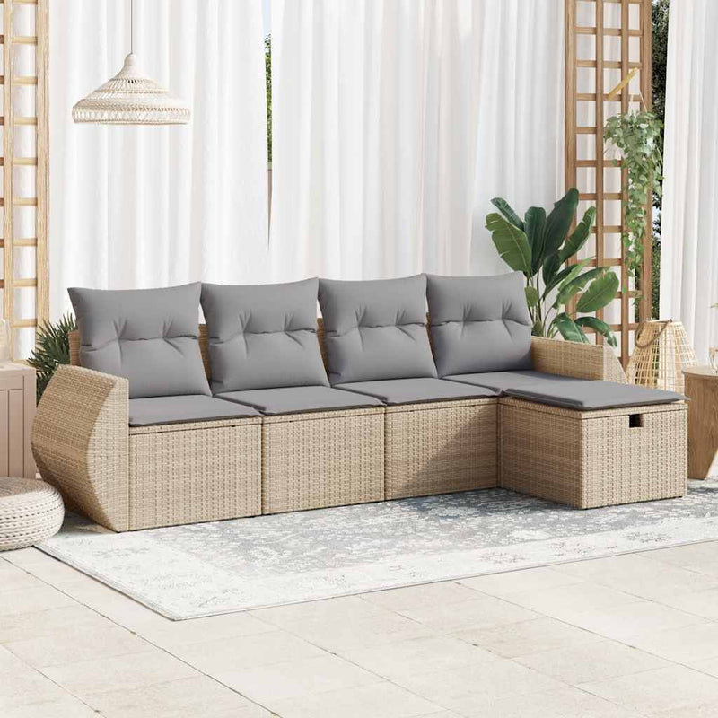 5-tlg. Garten-Sofagarnitur mit Kissen Beige Poly Rattan