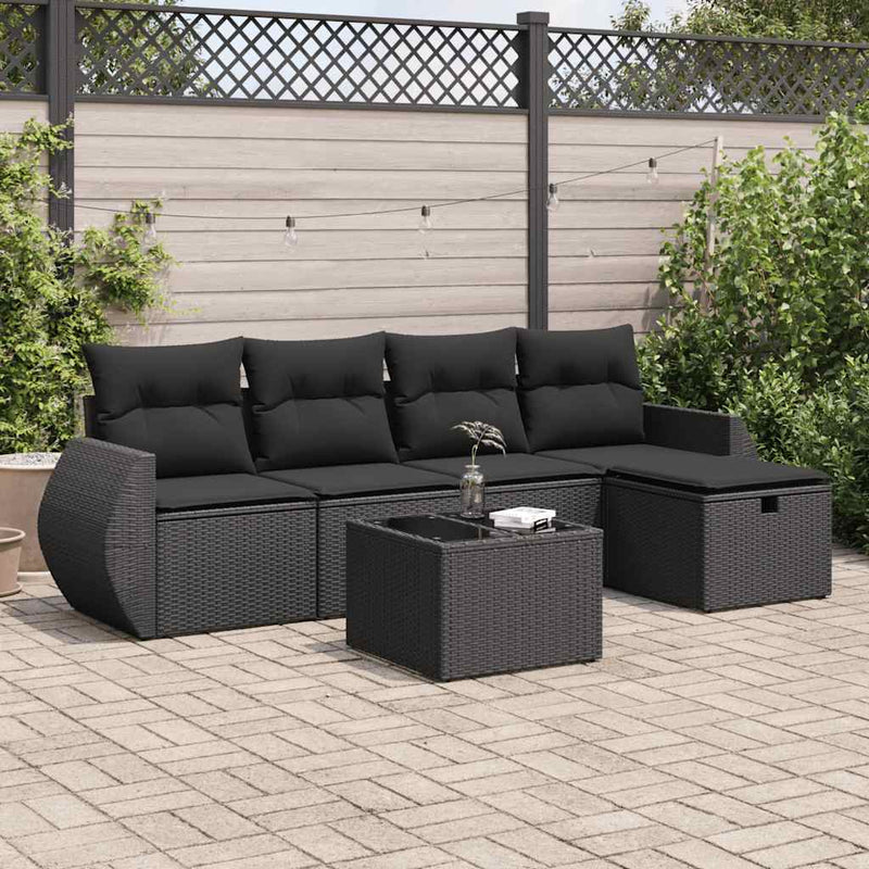 6-tlg. Garten-Sofagarnitur mit Kissen Schwarz Poly Rattan