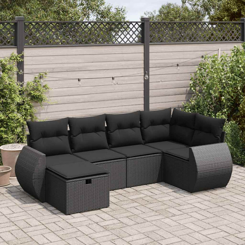 6-tlg. Garten-Sofagarnitur mit Kissen Schwarz Poly Rattan