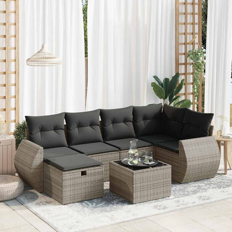 7-tlg. Garten-Sofagarnitur mit Kissen Grau Poly Rattan