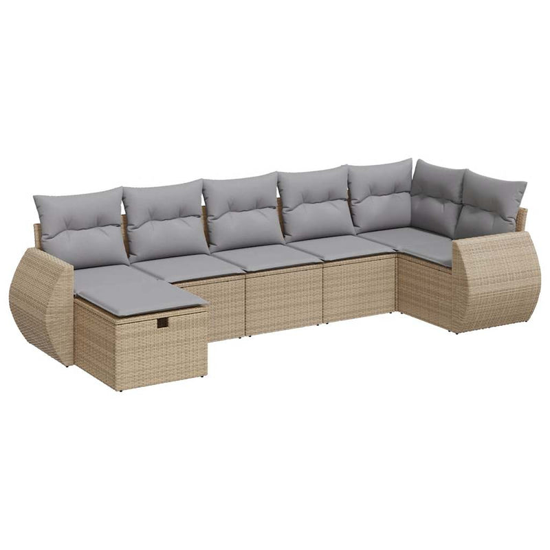 7-tlg. Garten-Sofagarnitur mit Kissen Beige Poly Rattan