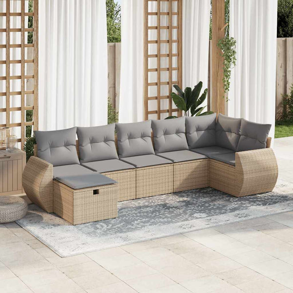 7-tlg. Garten-Sofagarnitur mit Kissen Beige Poly Rattan