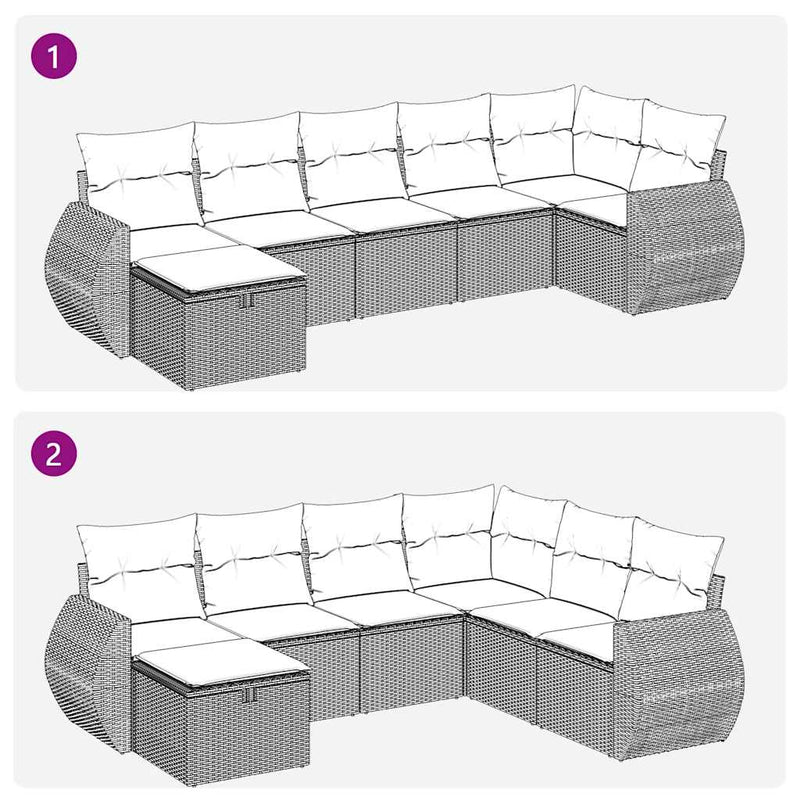 7-tlg. Garten-Sofagarnitur mit Kissen Grau Poly Rattan