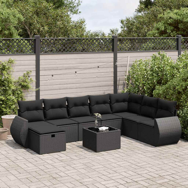 9-tlg. Garten-Sofagarnitur mit Kissen Schwarz Poly Rattan