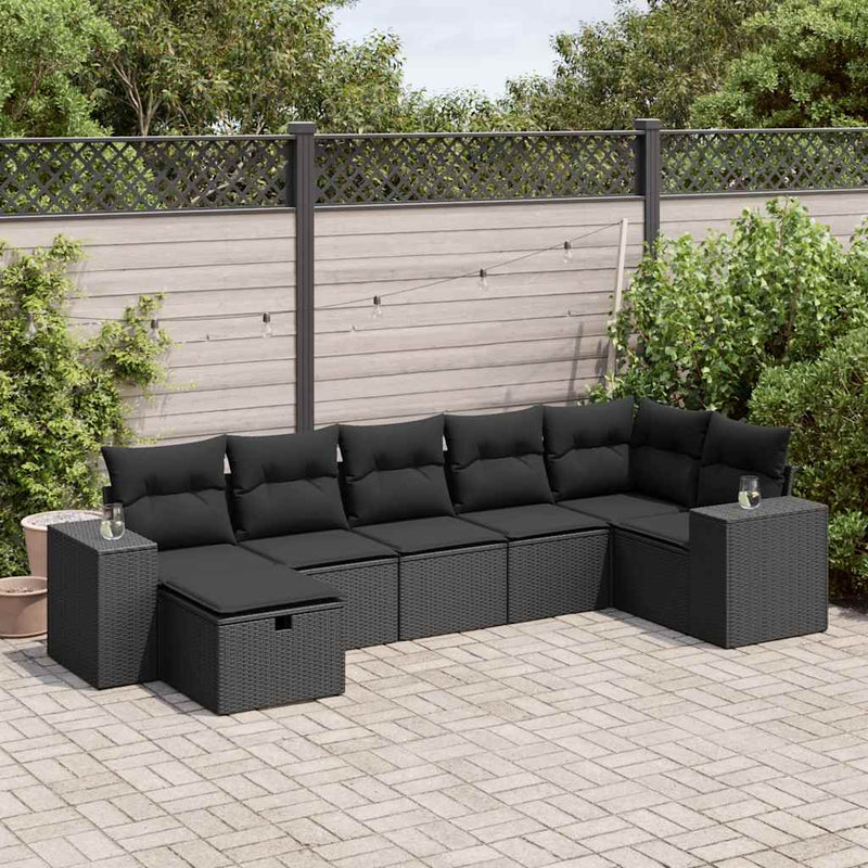 7-tlg. Garten-Sofagarnitur mit Kissen Schwarz Poly Rattan