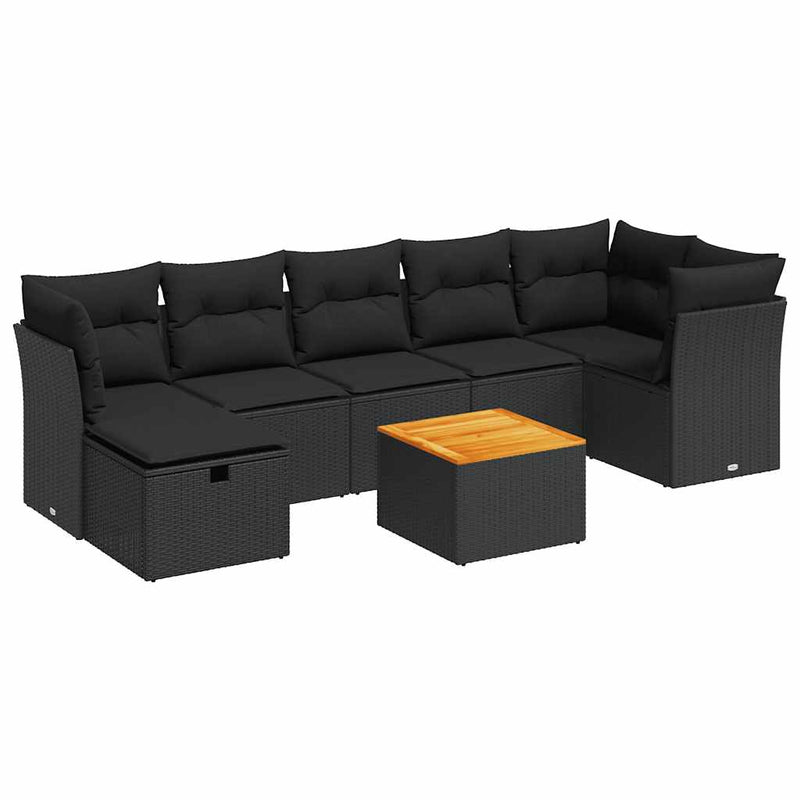 8-tlg. Garten-Sofagarnitur mit Kissen Schwarz Poly Rattan