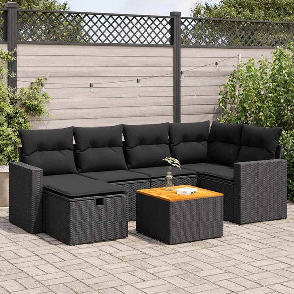 7-tlg. Garten-Sofagarnitur mit Kissen Schwarz Poly Rattan