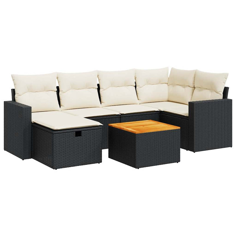 7-tlg. Garten-Sofagarnitur mit Kissen Schwarz Poly Rattan