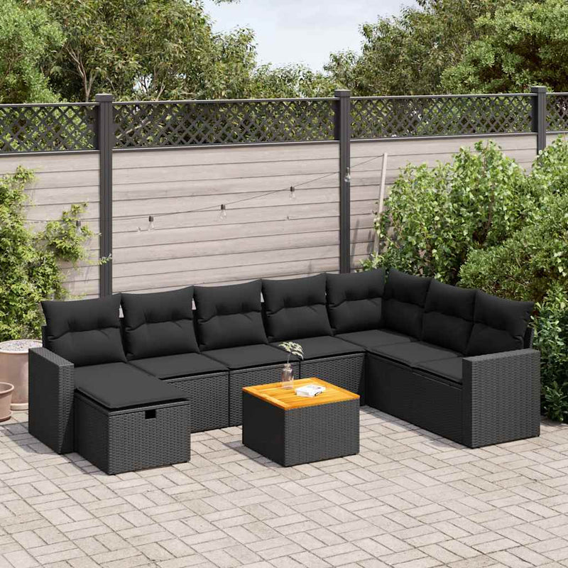 9-tlg. Garten-Sofagarnitur mit Kissen Schwarz Poly Rattan