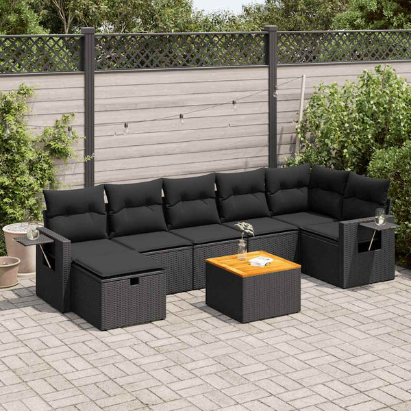 8-tlg. Garten-Sofagarnitur mit Kissen Schwarz Poly Rattan