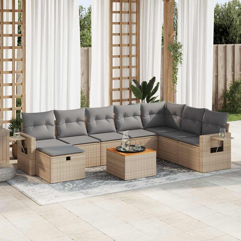 9-tlg. Garten-Sofagarnitur mit Kissen Beige Poly Rattan