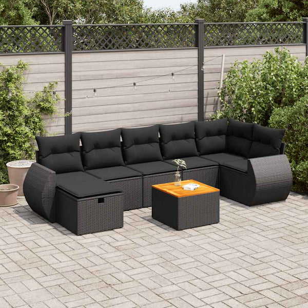 8-tlg. Garten-Sofagarnitur mit Kissen Schwarz Poly Rattan