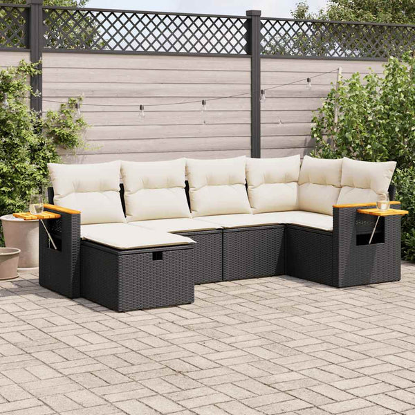 6-tlg. Garten-Sofagarnitur mit Kissen Schwarz Poly Rattan