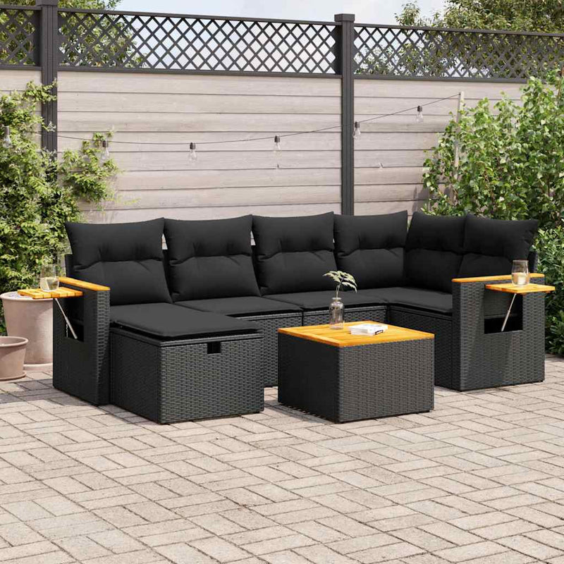 7-tlg. Garten-Sofagarnitur mit Kissen Schwarz Poly Rattan