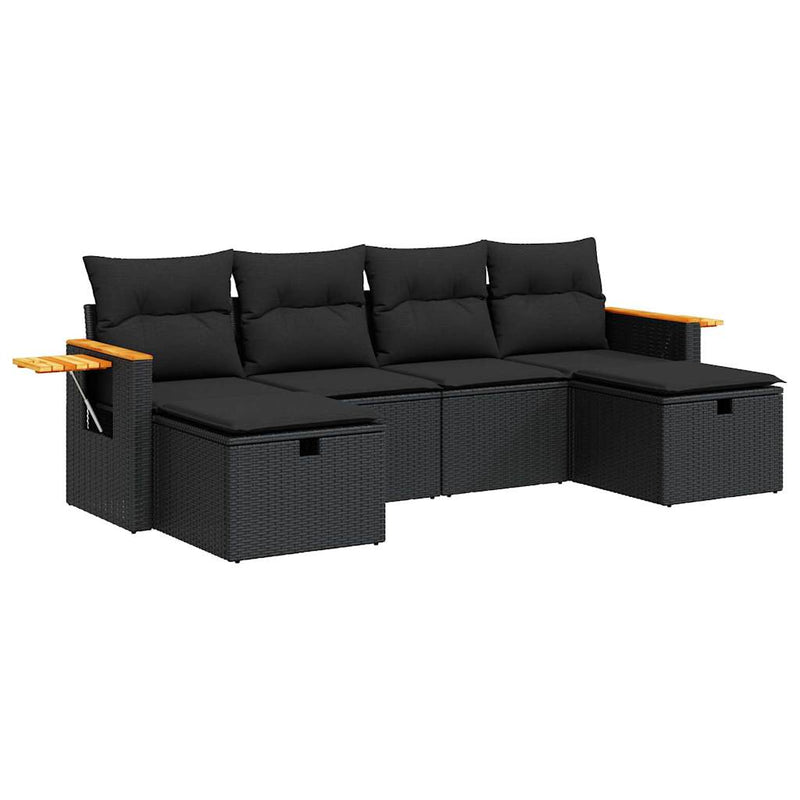 6-tlg. Garten-Sofagarnitur mit Kissen Schwarz Poly Rattan