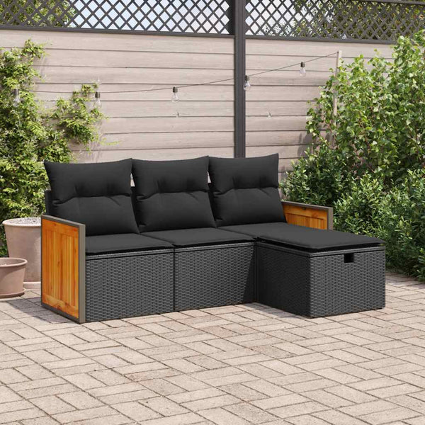 4-tlg. Garten-Sofagarnitur mit Kissen Schwarz Poly Rattan