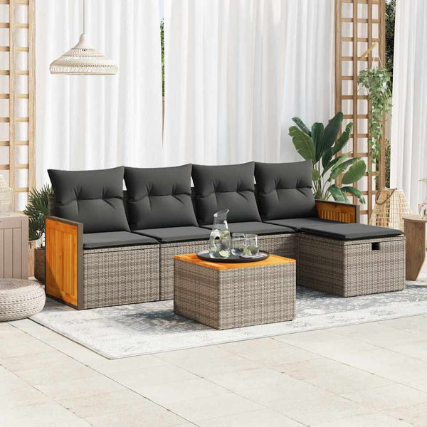 6-tlg. Garten-Sofagarnitur mit Kissen Grau Poly Rattan