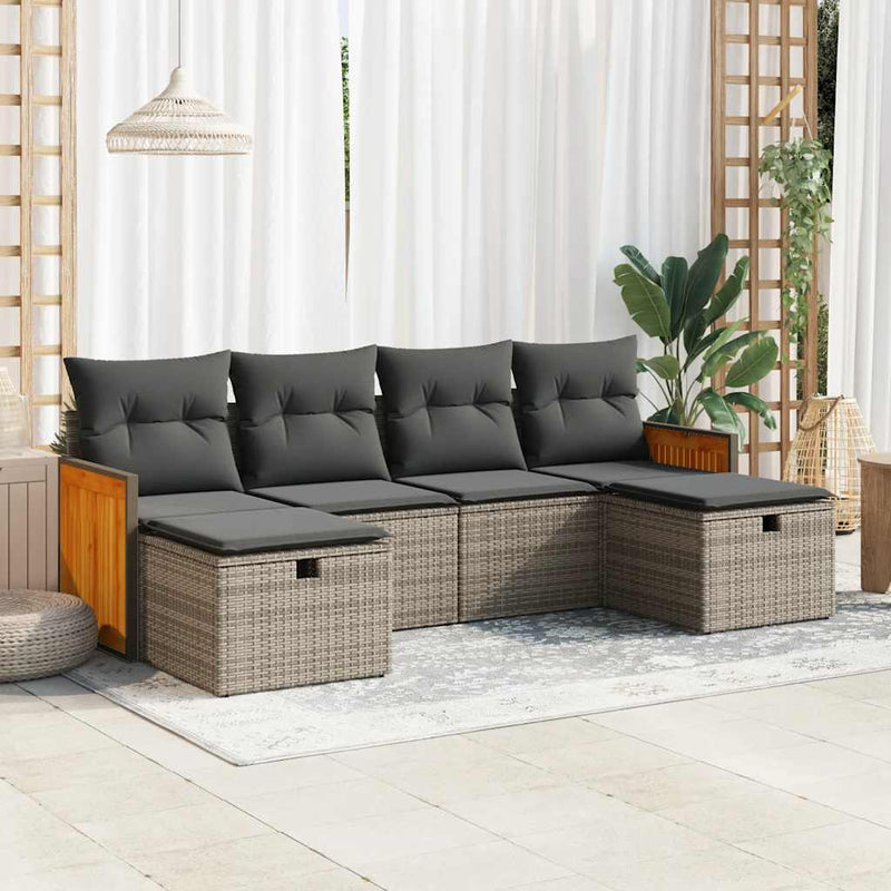 6-tlg. Garten-Sofagarnitur mit Kissen Grau Poly Rattan