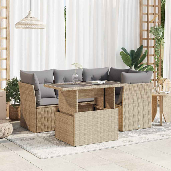 5-tlg. Garten-Sofagarnitur mit Kissen Beige Poly Rattan