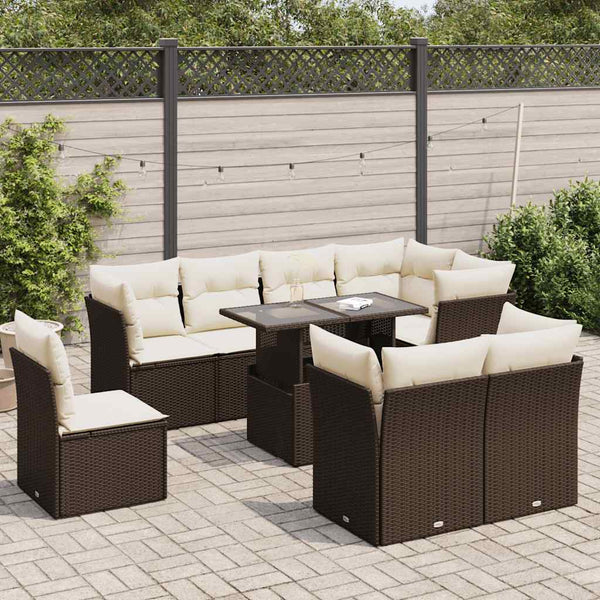 9-tlg. Garten-Sofagarnitur mit Kissen Braun Poly Rattan