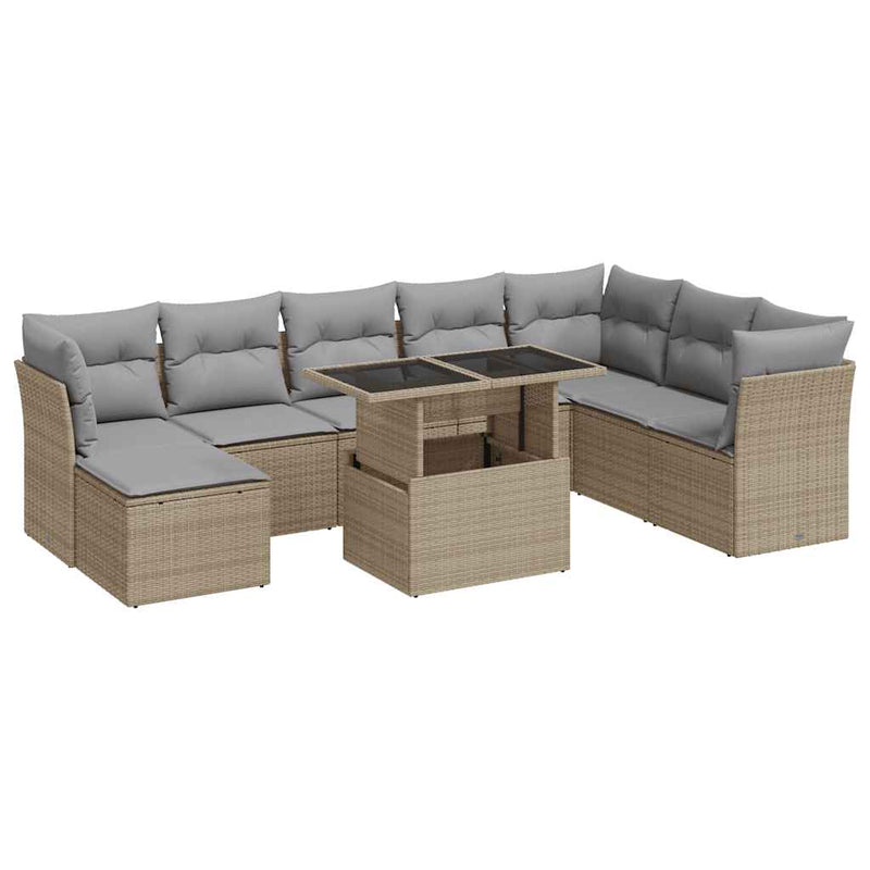 9-tlg. Garten-Sofagarnitur mit Kissen Beige Poly Rattan