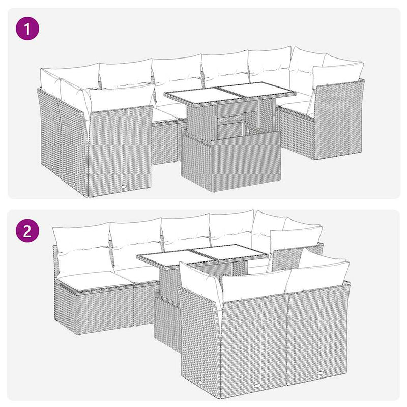 10-tlg. Garten-Sofagarnitur mit Kissen Hellgrau Poly Rattan