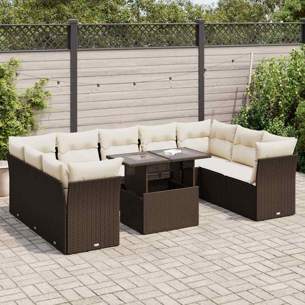 10-tlg. Garten-Sofagarnitur mit Kissen Braun Poly Rattan