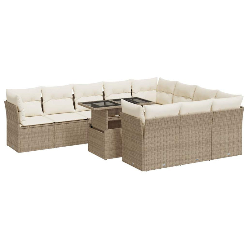 11-tlg. Garten-Sofagarnitur mit Kissen Beige Poly Rattan