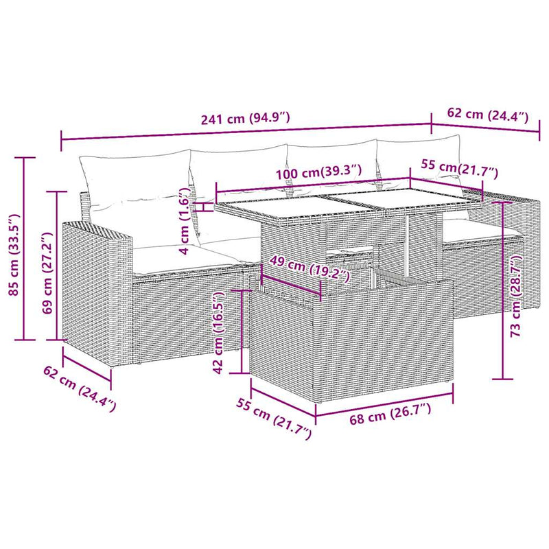 5-tlg. Garten-Sofagarnitur mit Kissen Grau Poly Rattan