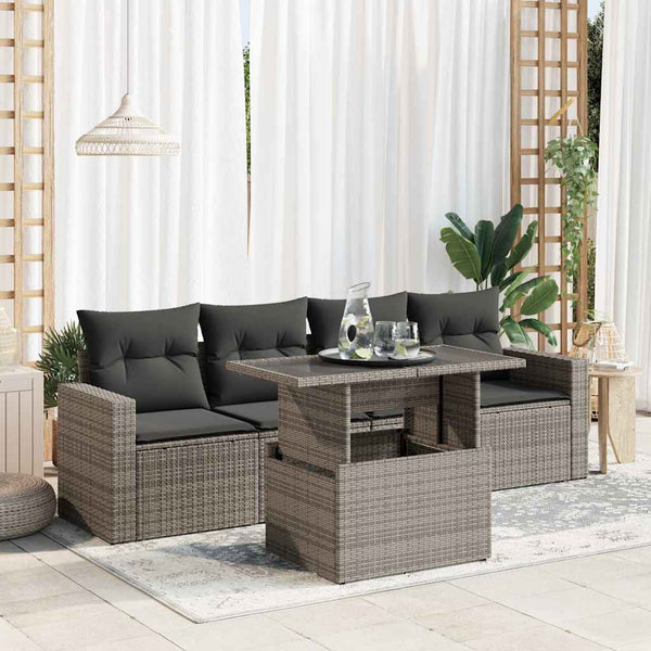 5-tlg. Garten-Sofagarnitur mit Kissen Grau Poly Rattan