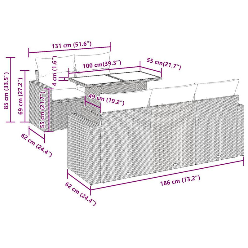 6-tlg. Garten-Sofagarnitur mit Kissen Hellgrau Poly Rattan