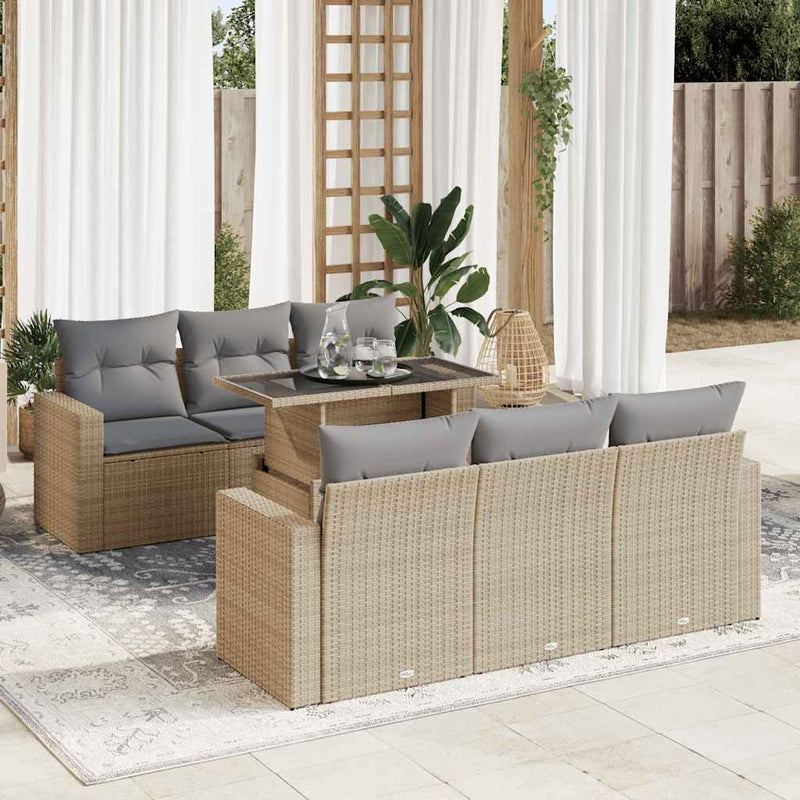 7-tlg. Garten-Sofagarnitur mit Kissen Beige Poly Rattan