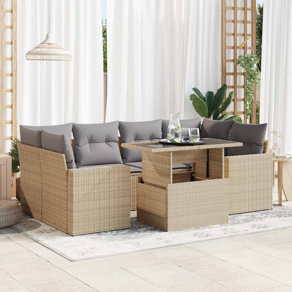 7-tlg. Garten-Sofagarnitur mit Kissen Beige Poly Rattan