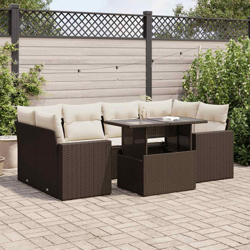 7-tlg. Garten-Sofagarnitur mit Kissen Braun Poly Rattan