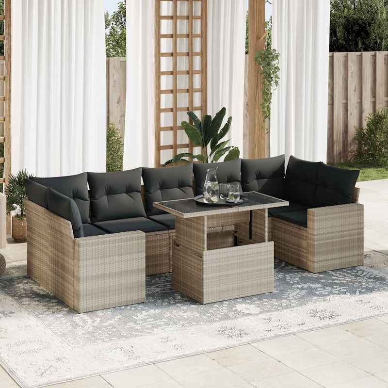 8-tlg. Garten-Sofagarnitur mit Kissen Hellgrau Poly Rattan