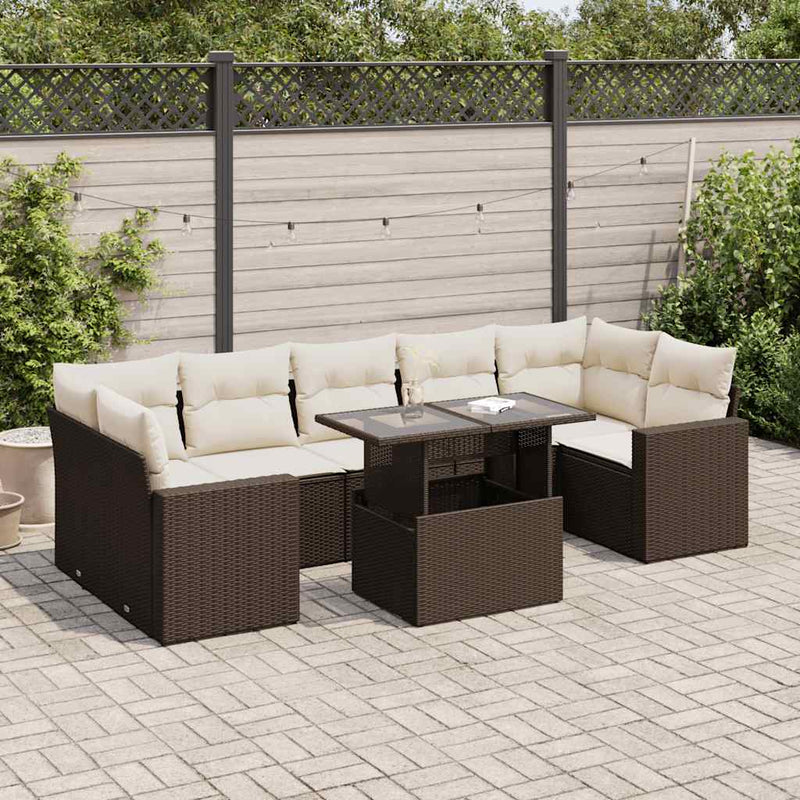 8-tlg. Garten-Sofagarnitur mit Kissen Braun Poly Rattan