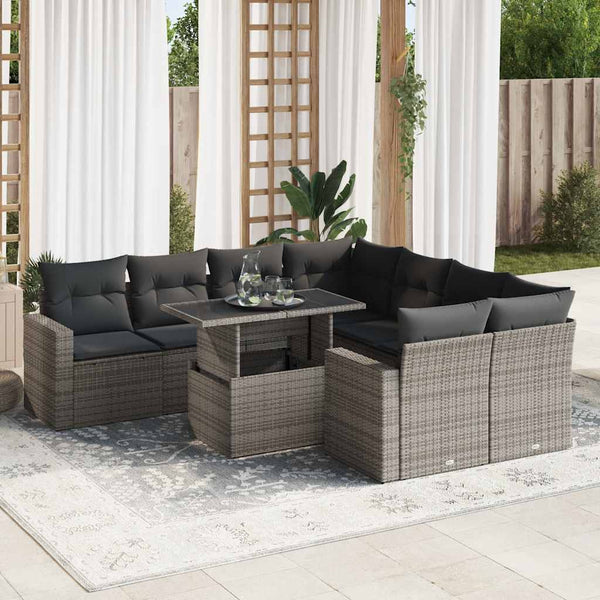 9-tlg. Garten-Sofagarnitur mit Kissen Grau Poly Rattan