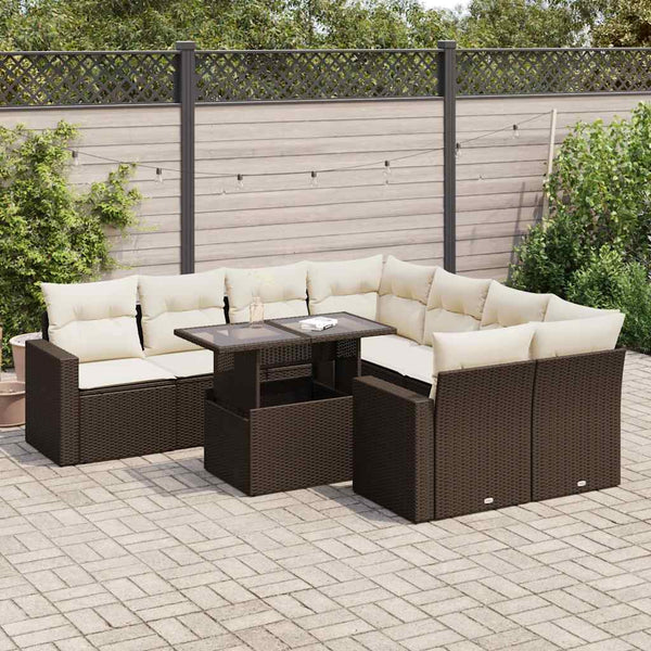 9-tlg. Garten-Sofagarnitur mit Kissen Braun Poly Rattan